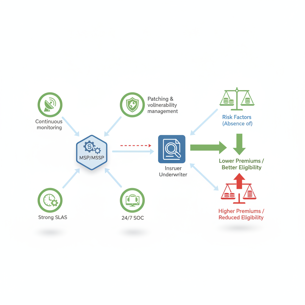 Isometric diagram linking MSP monitoring, SLAs, patching, and 24/7 SOC icons to insurer decision and premium impact
