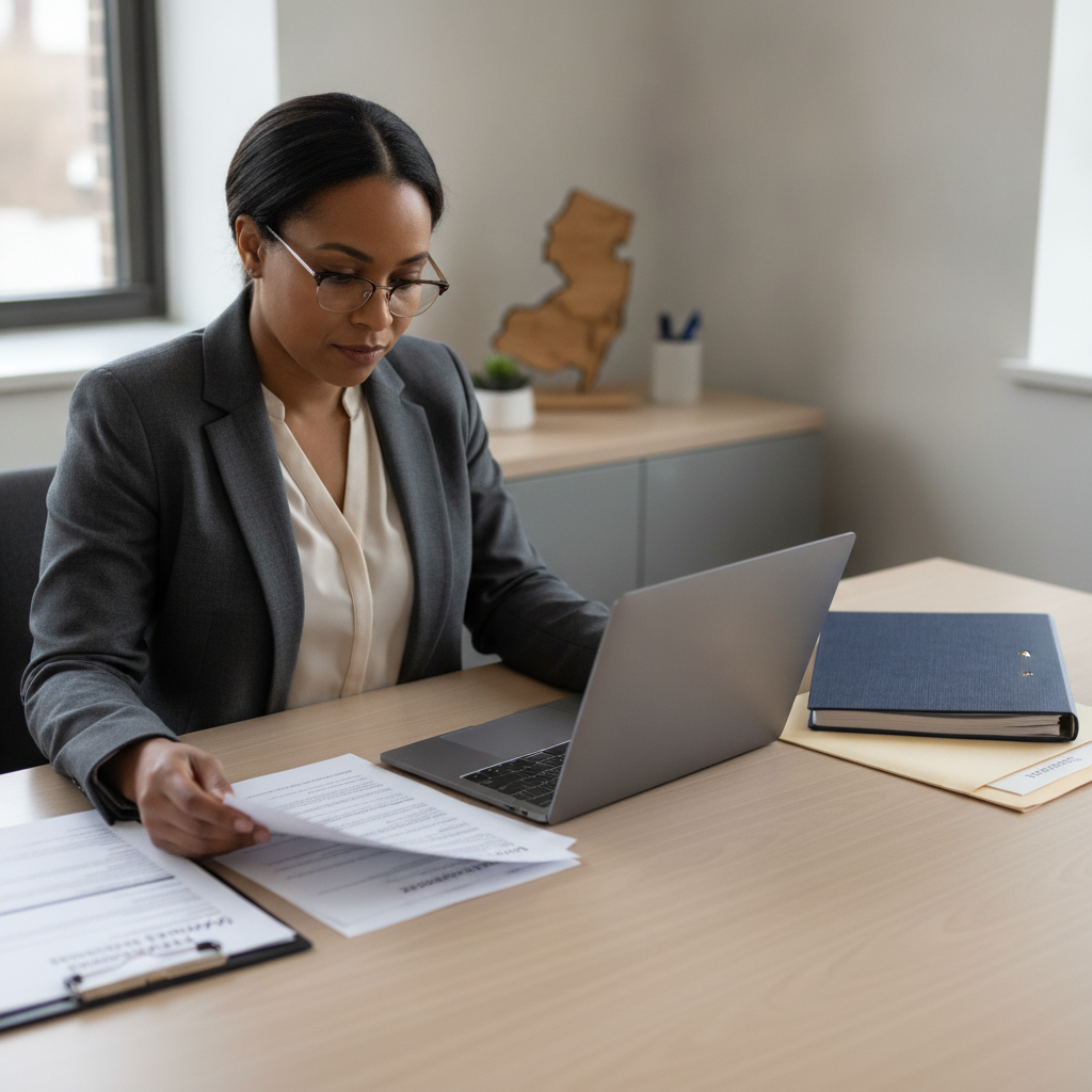 Compliance officer reviewing blank vendor assessment checklist and laptop at a NJ/NY regulatory office desk