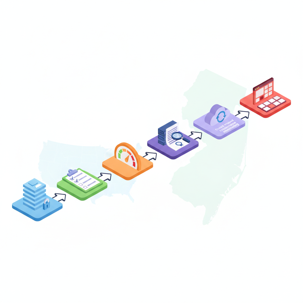 Isometric workflow diagram showing vendor security assessment steps for NJ/NY regulated companies