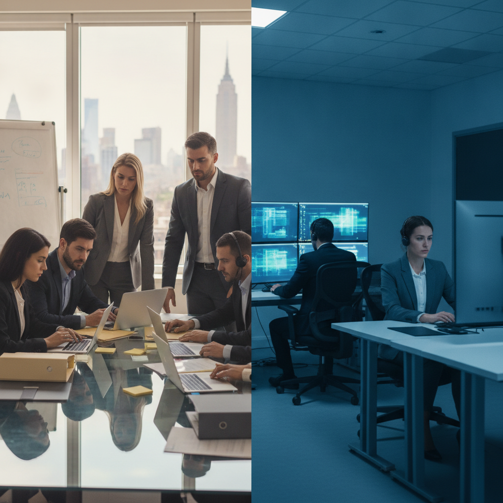 Internal security team and remote MSSP analysts reviewing vendor risk with NY/NJ skyline background