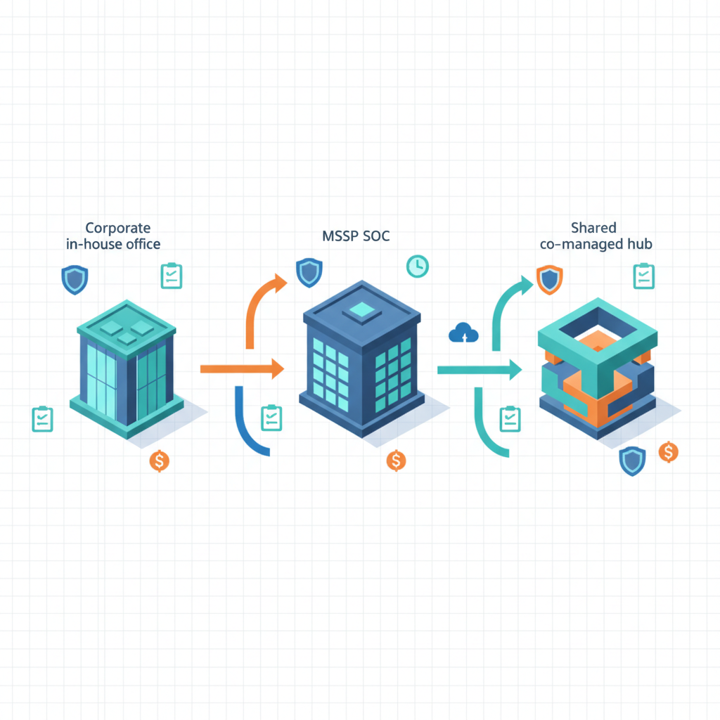 Isometric diagram showing in-house team, MSSP SOC, arrows for shared vendor risk duties with cost and compliance icons