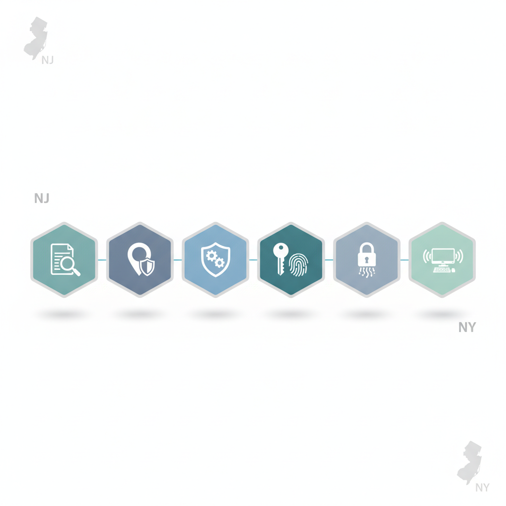 Isometric flow diagram with icons for scoping, mapping, controls, access, encryption, and EDR for NJ/NY vendor assessments