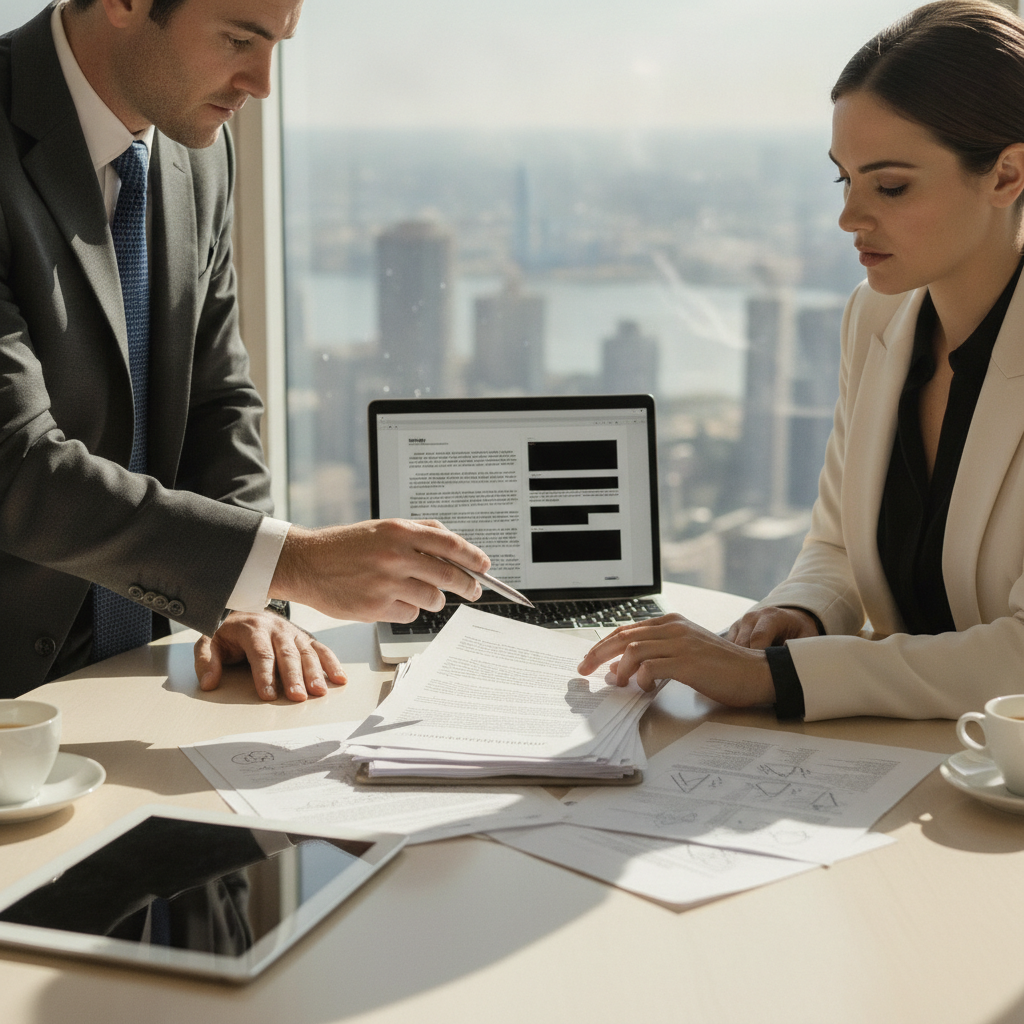Two professionals pointing at a printed contract and laptop in a conference room with city skyline outside