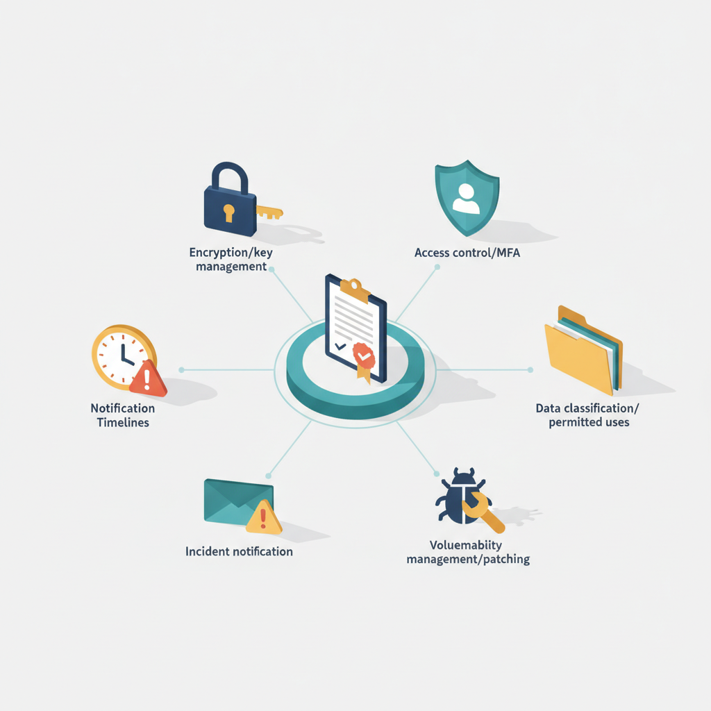 Isometric contract diagram surrounded by icons for encryption, access control, data classification, patching, and incident