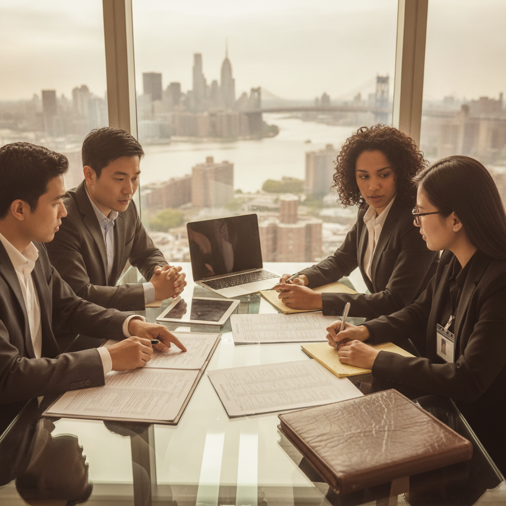 Compliance team discussing vendor risk transition over printed vendor lists in a conference room with NYC skyline view