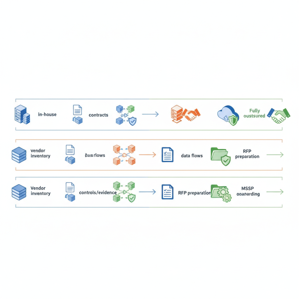 Isometric diagram showing three paths (in-house, co-managed, outsourced) with icons for inventory, contracts, controls, RFP