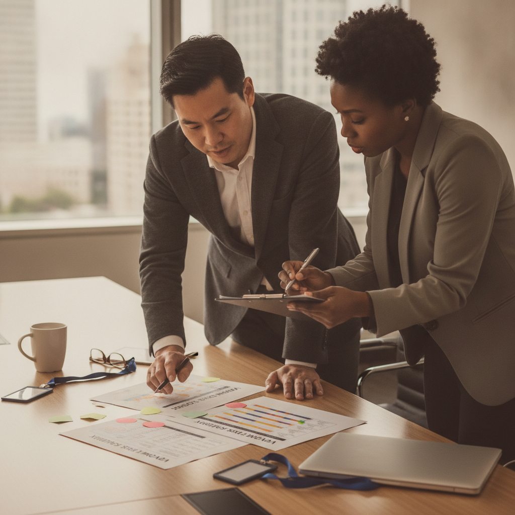 Two compliance officers pointing at a printed vendor risk scoring template on a conference table in a modern office