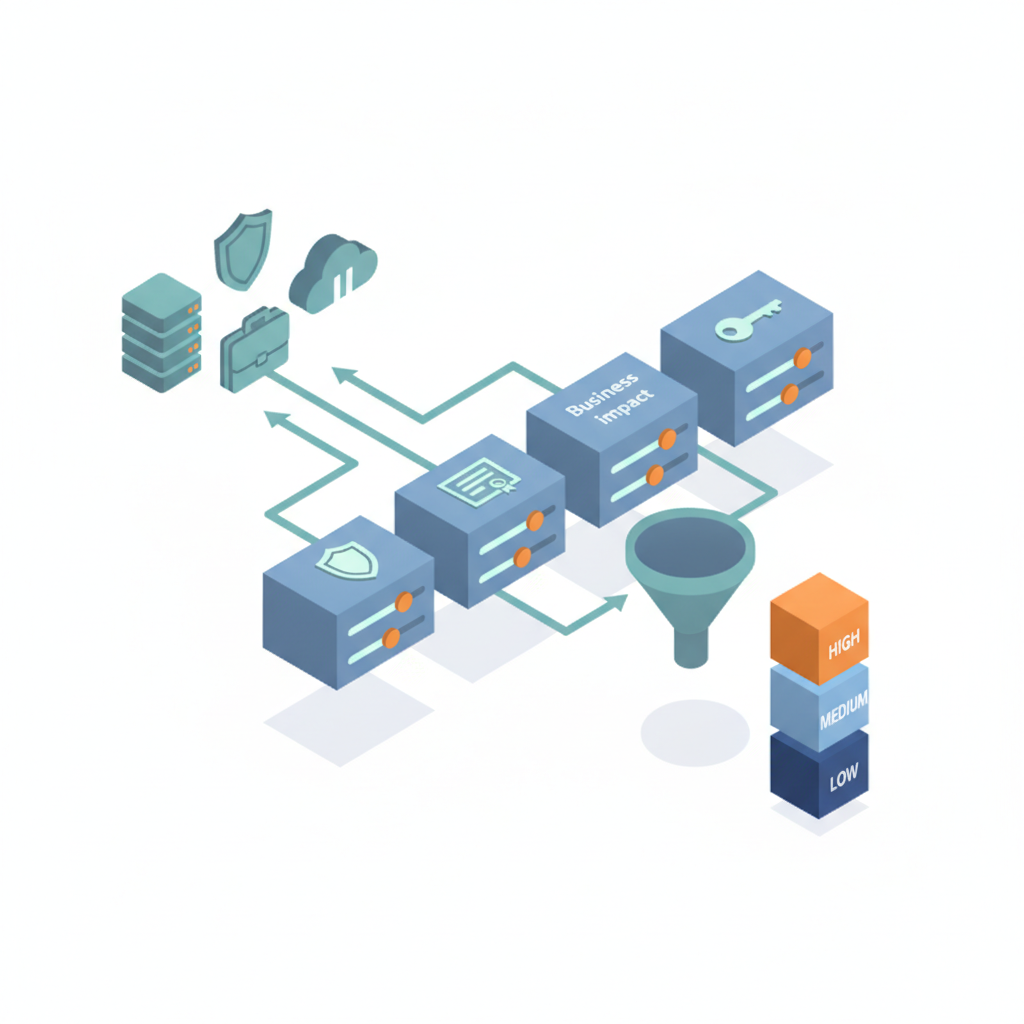 Isometric diagram showing vendor icons flowing through category score blocks into a prioritized funnel