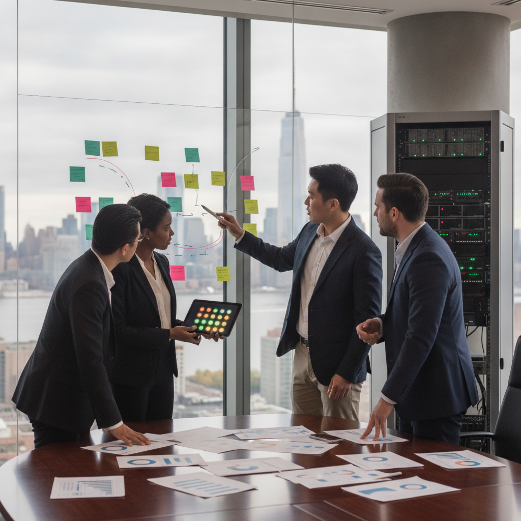 Cybersecurity team reviewing a vendor monitoring playbook in a NYC/NJ office meeting, pointing at a whiteboard and reports