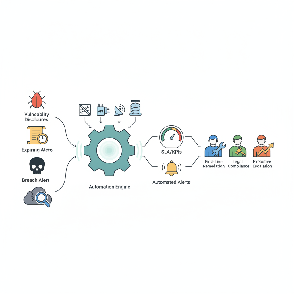 Isometric diagram of vendor risk signals flowing into an automation engine then to SLA monitoring and escalation paths