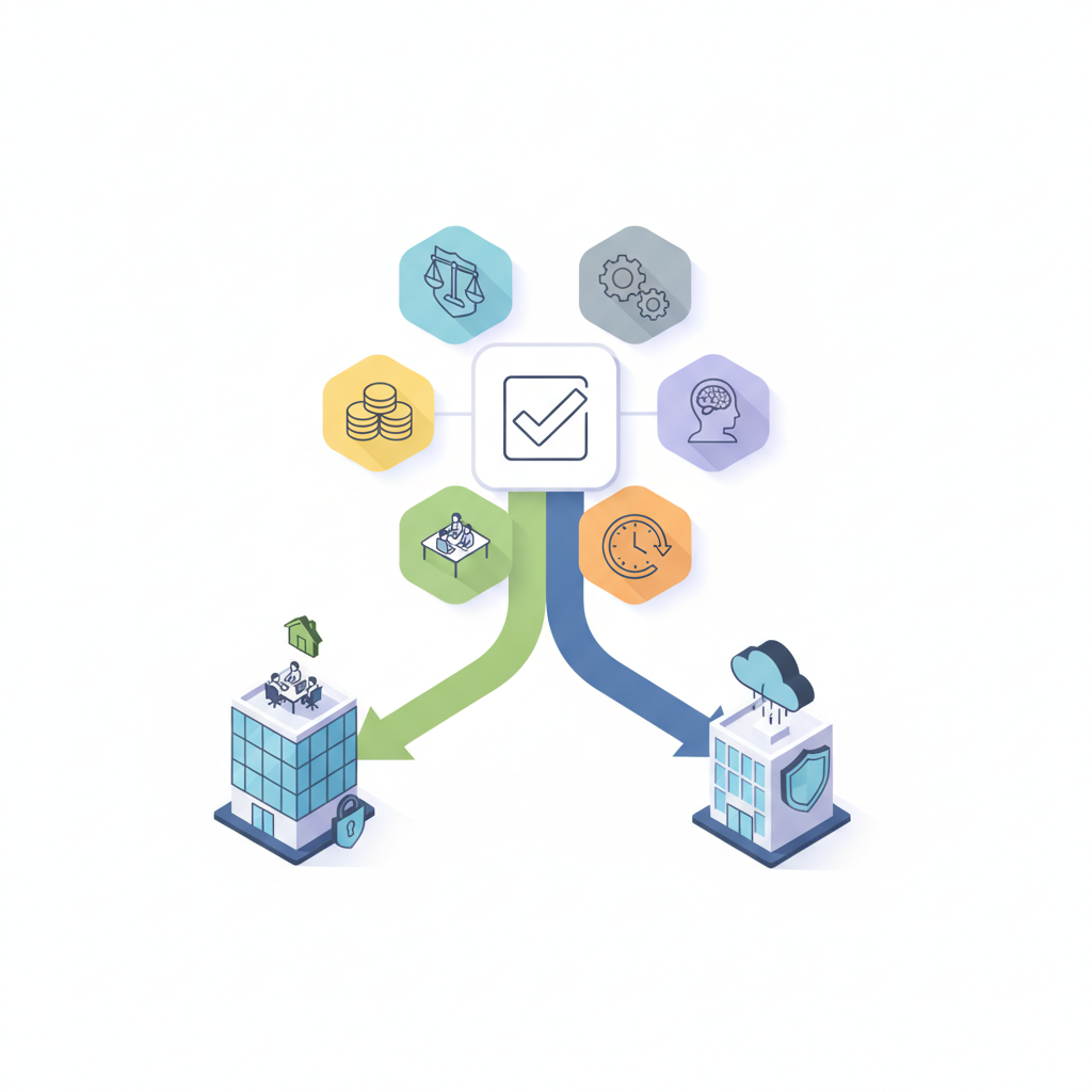 Isometric diagram: central checklist branching into two colored paths to an in-house office and an MSSP SOC, six criteria