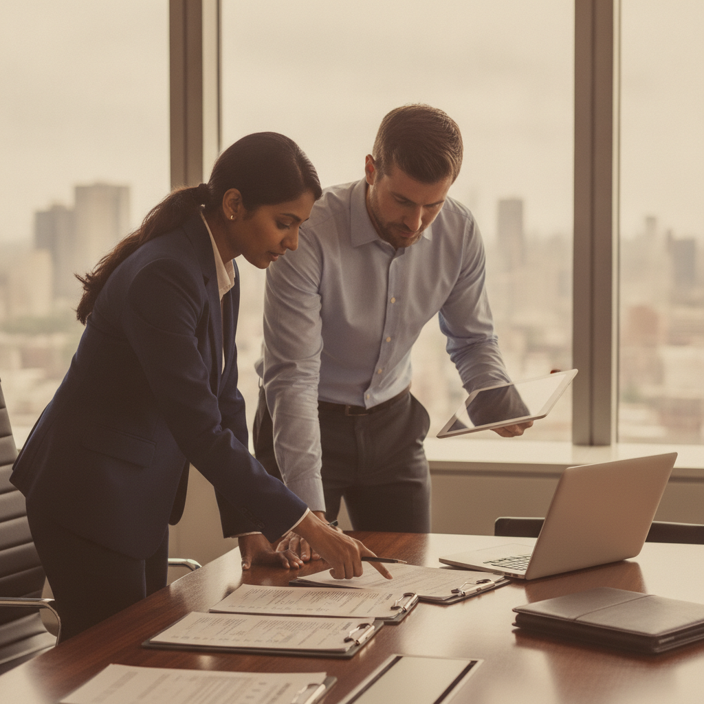 Two professionals review vendor security checklists at a conference table with the Manhattan skyline visible through