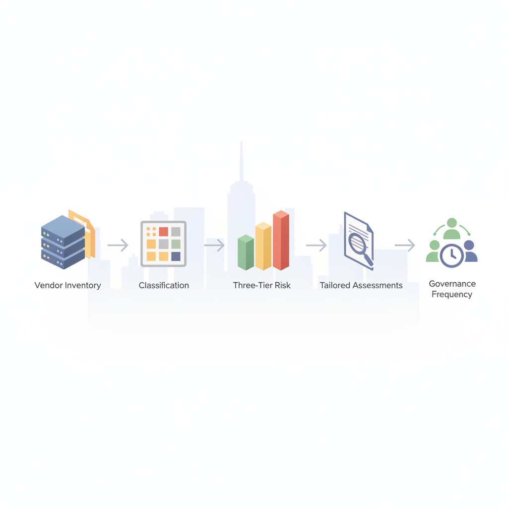 Isometric step-by-step diagram showing vendor inventory, tiered risk levels, tailored assessments, and governance roles