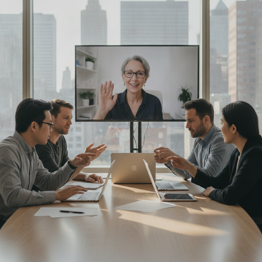 IT team planning EDR rollout at a table, pointing at laptops as a remote colleague appears on video, NY skyline.