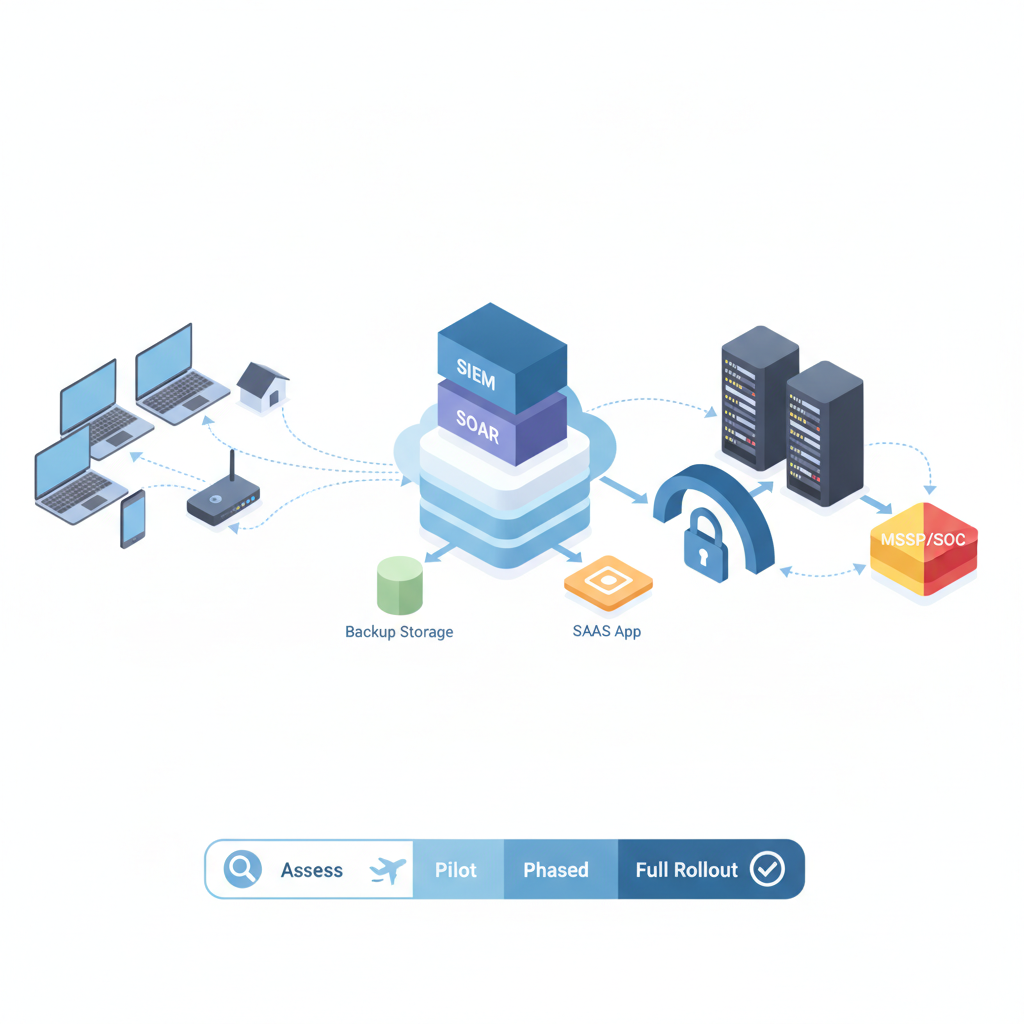 Isometric diagram of remote endpoints, corporate datacenter and MSSP linked to a central SIEM for EDR telemetry.
