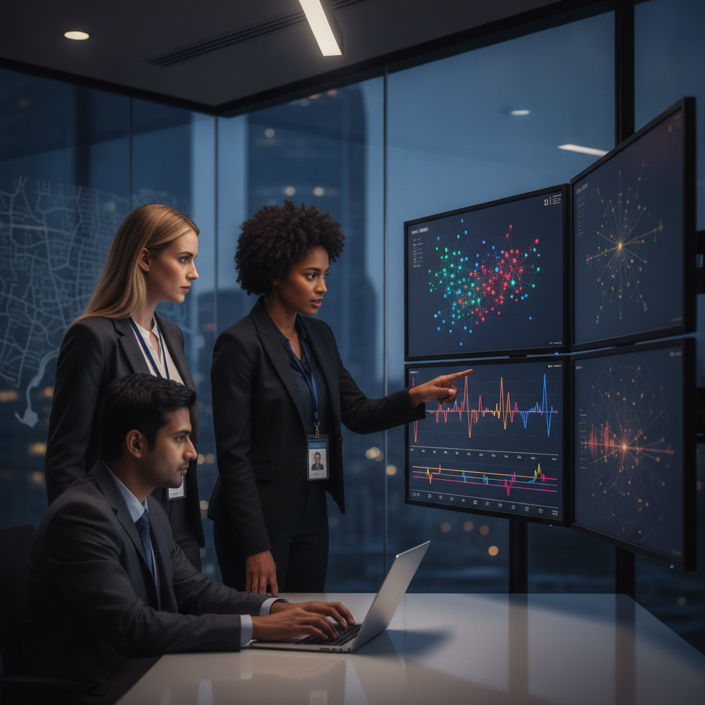 Three-person security team viewing EDR threat-hunting visualizations on monitors in a modern office with a faint NJ/NY map