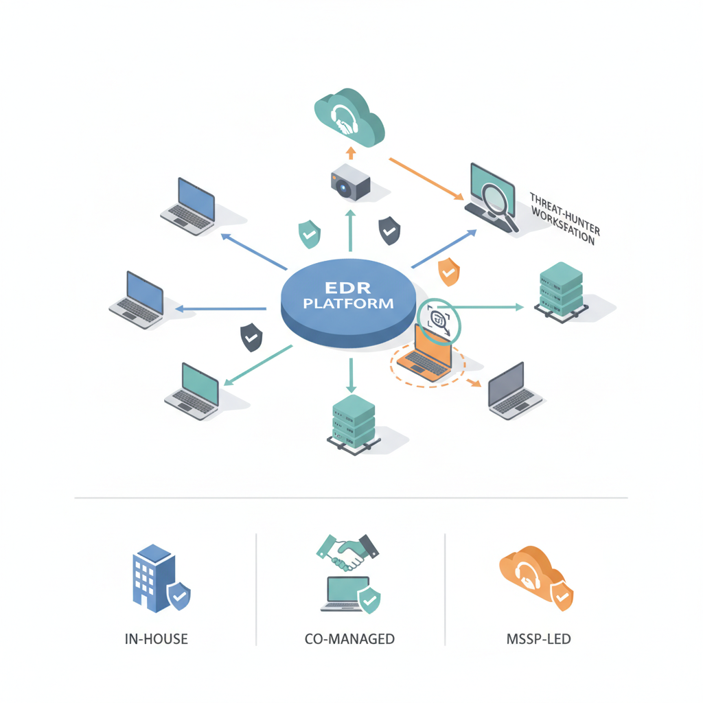 Isometric diagram of endpoints sending telemetry to a central EDR platform with an MSSP cloud, threat-hunter workstation