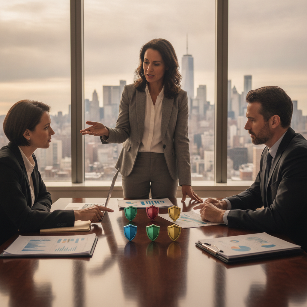 Consultant and three business leaders study colored shield tokens on a conference table, planning endpoint strategy with city