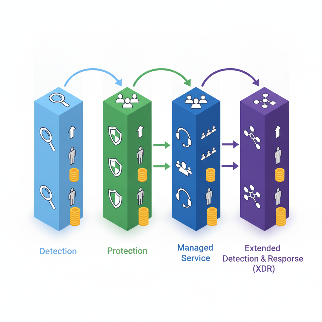 Isometric comparison diagram of four colored endpoint stacks showing detection, response, staffing and cost icons