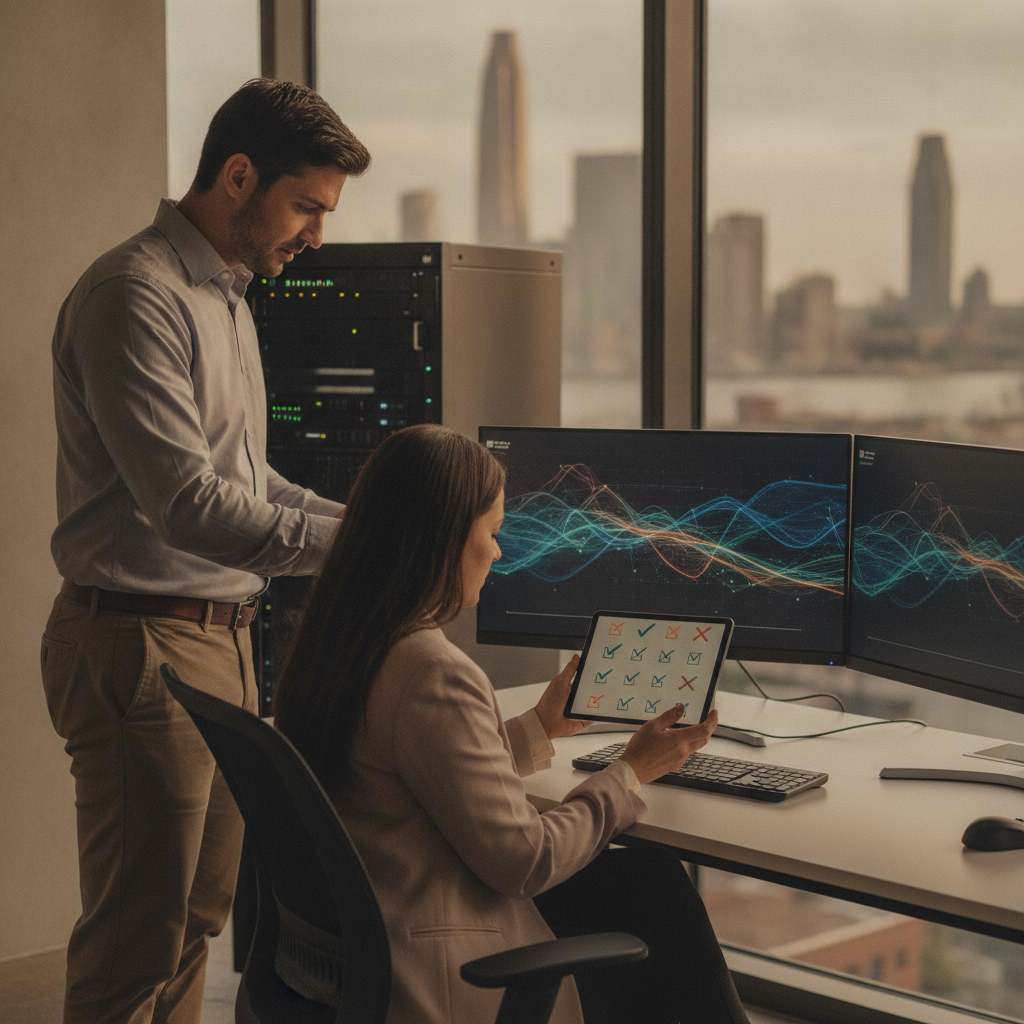 IT lead pointing at tablet while colleague monitors abstract network screens in hybrid office with city skyline outside