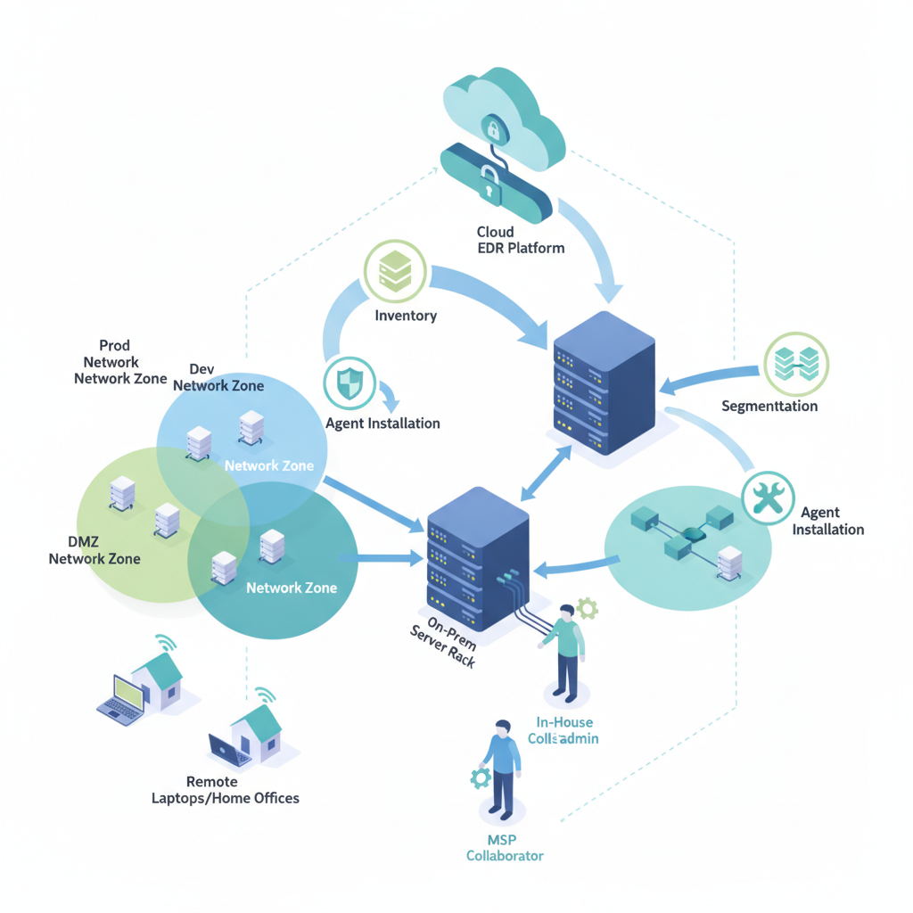 Isometric diagram of EDR deployment flow linking cloud, on-prem servers, segmented networks, remote endpoints and co-managed