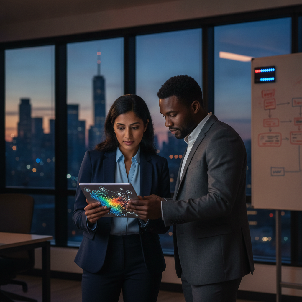 Two security analysts reviewing an abstract incident map on a tablet in a co-managed SOC office with NYC skyline.