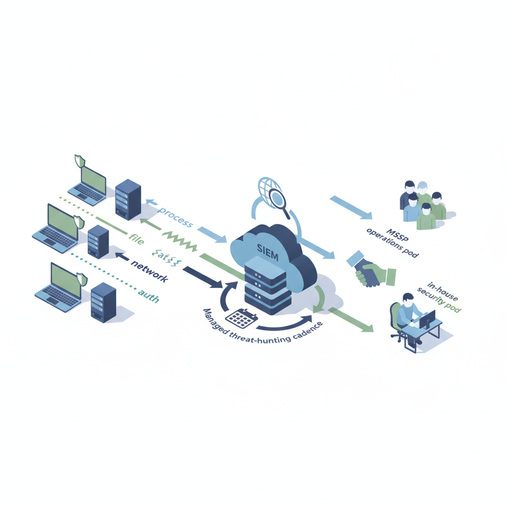 Isometric diagram showing EDR agents streaming colored telemetry into a central SIEM cloud with MSSP and in-house handoff.