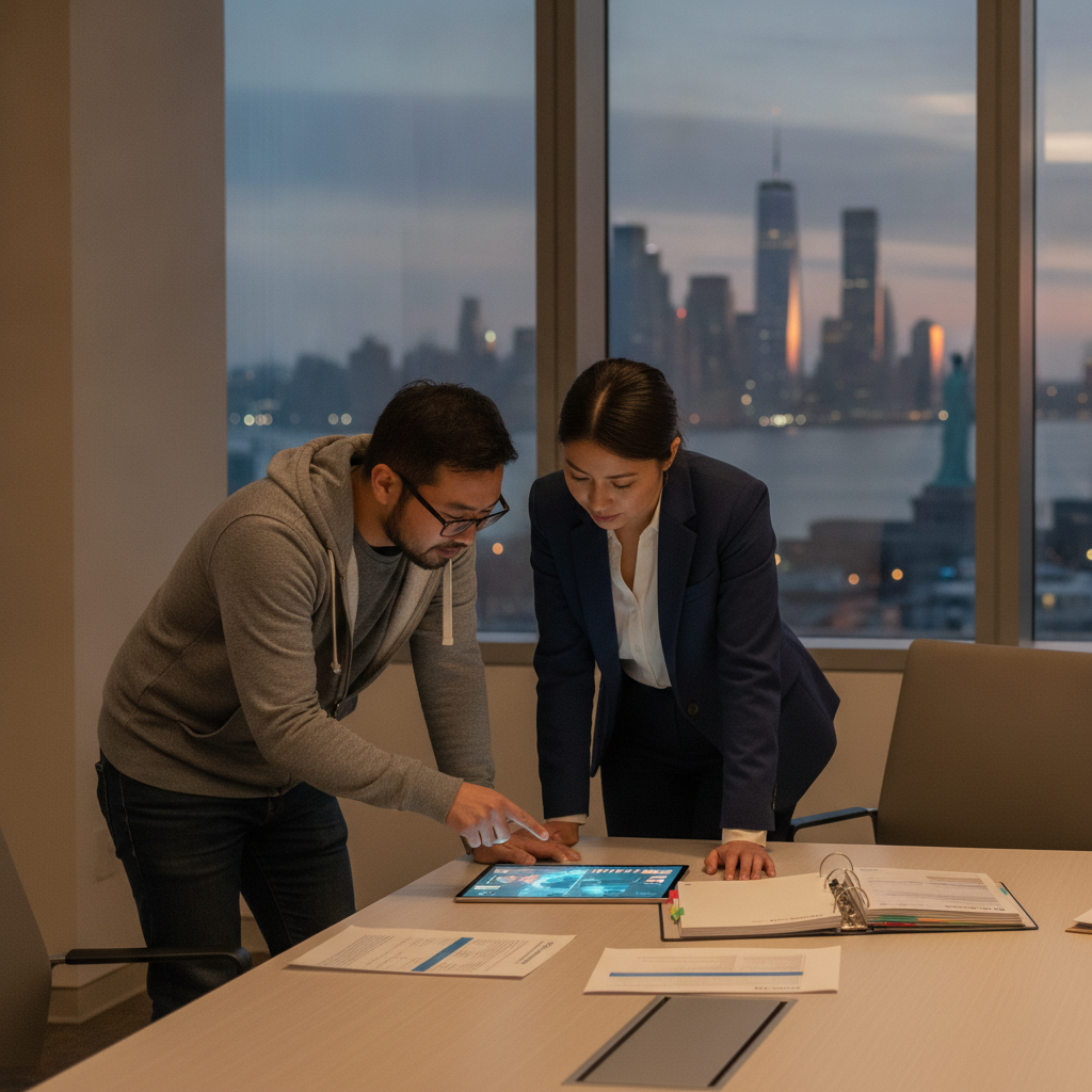 IT manager and MSP engineer reviewing EDR dashboard on tablet in conference room with NY/NJ skyline, discussing SLAs.