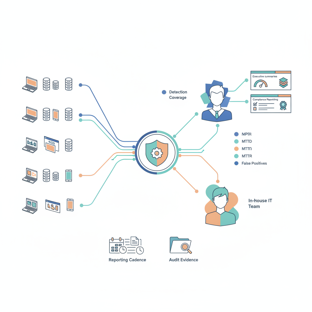 Isometric diagram of EDR data flow to co‑managed dashboards with KPI, SLA and audit icons for compliance.