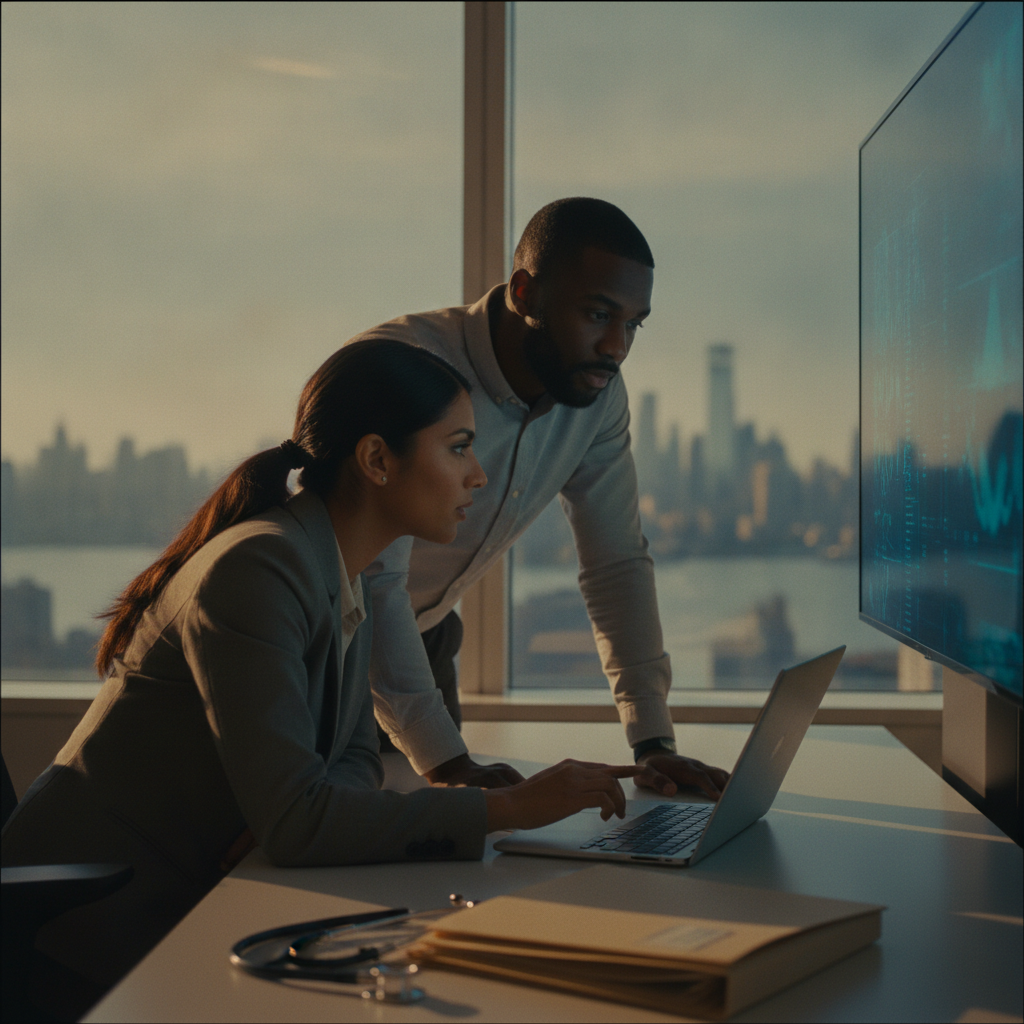 Two IT pros reviewing blurred security dashboards in a NJ office with Manhattan skyline visible