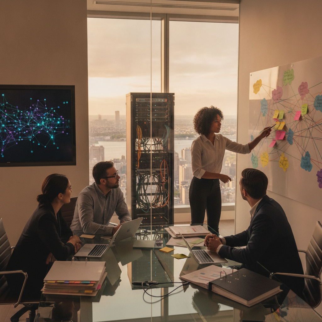 Diverse security team collaborating at a conference table, whiteboard network sketches, city skyline visible through windows
