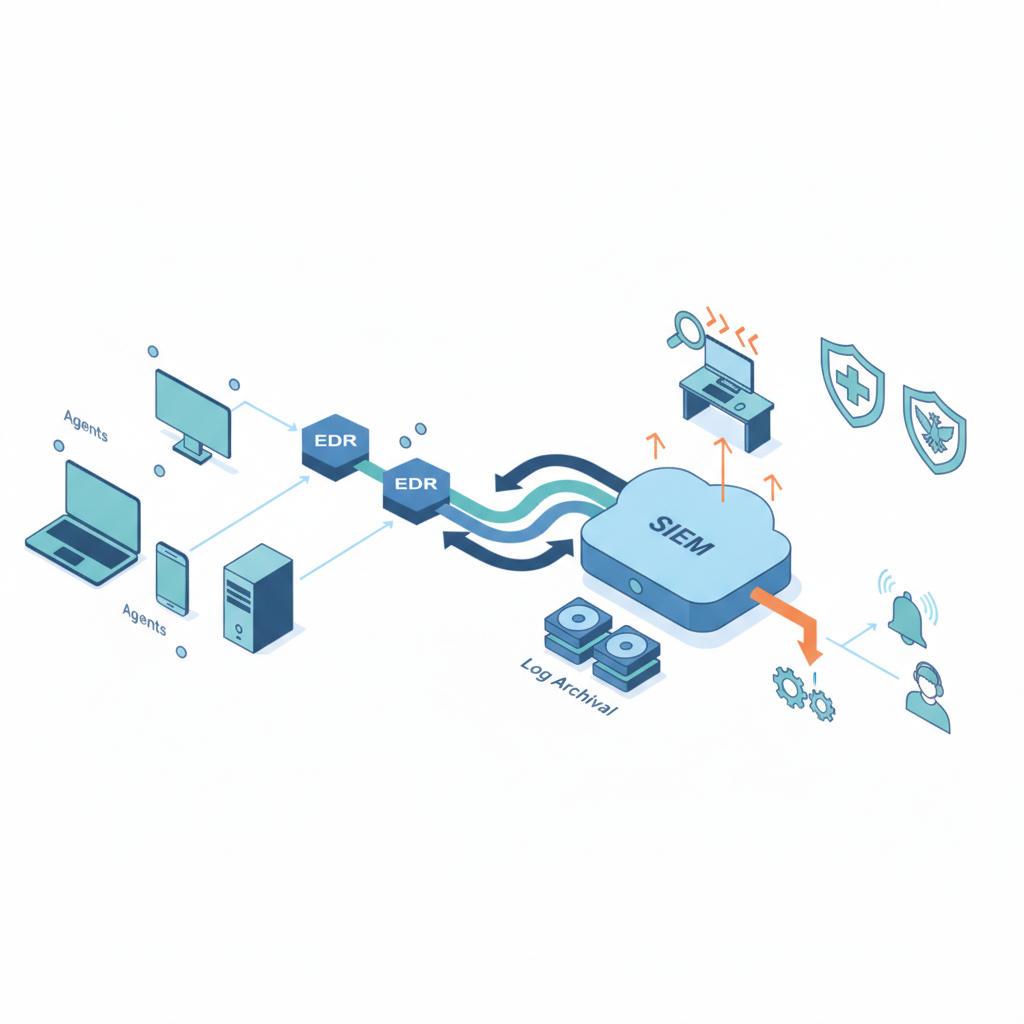 Isometric diagram: endpoints send telemetry to EDR, forwarded to SIEM and archive, analyst hunting with compliance shields