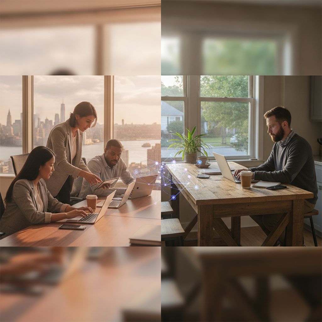 Security team in NYC office and remote worker at NJ home connected by glowing network lines, showing hybrid endpoint security