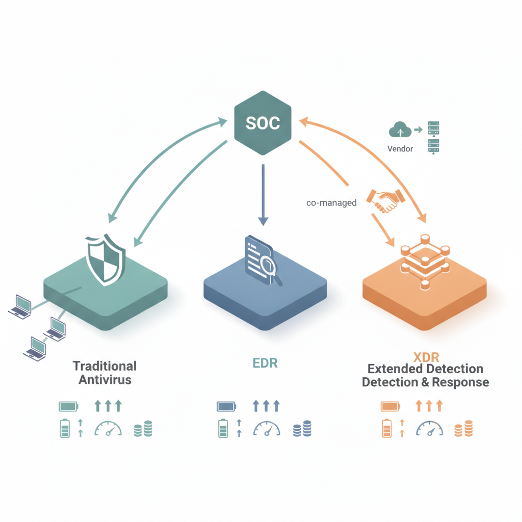 Isometric infographic comparing AV, EDR, and XDR with telemetry flows, performance icons, battery and cost stacks