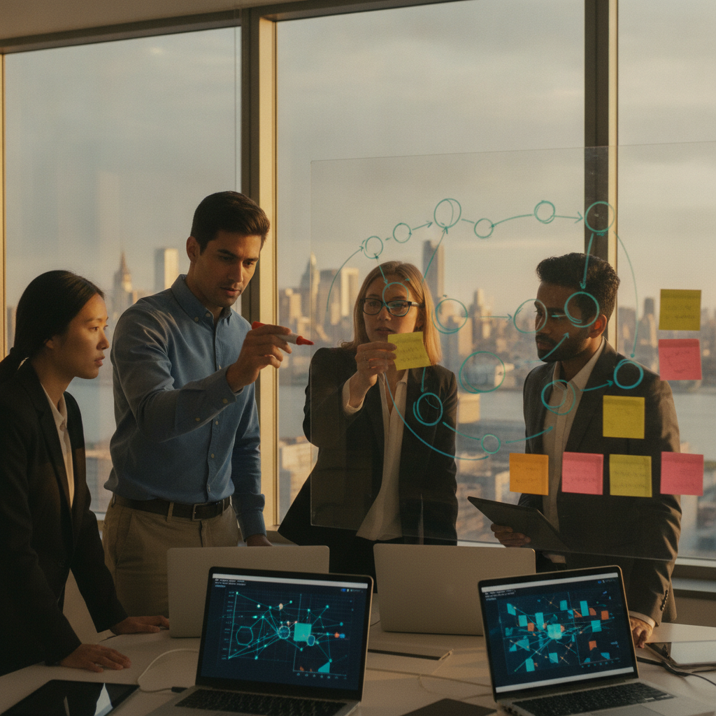 IT team collaborating over a glass board on EDR deployment, laptops open, NYC/NJ skyline visible through office windows