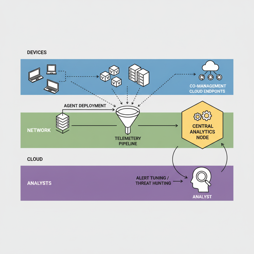Isometric diagram of EDR agent rollout, telemetry pipeline, and alert-tuning feedback loop for co-managed hybrid IT