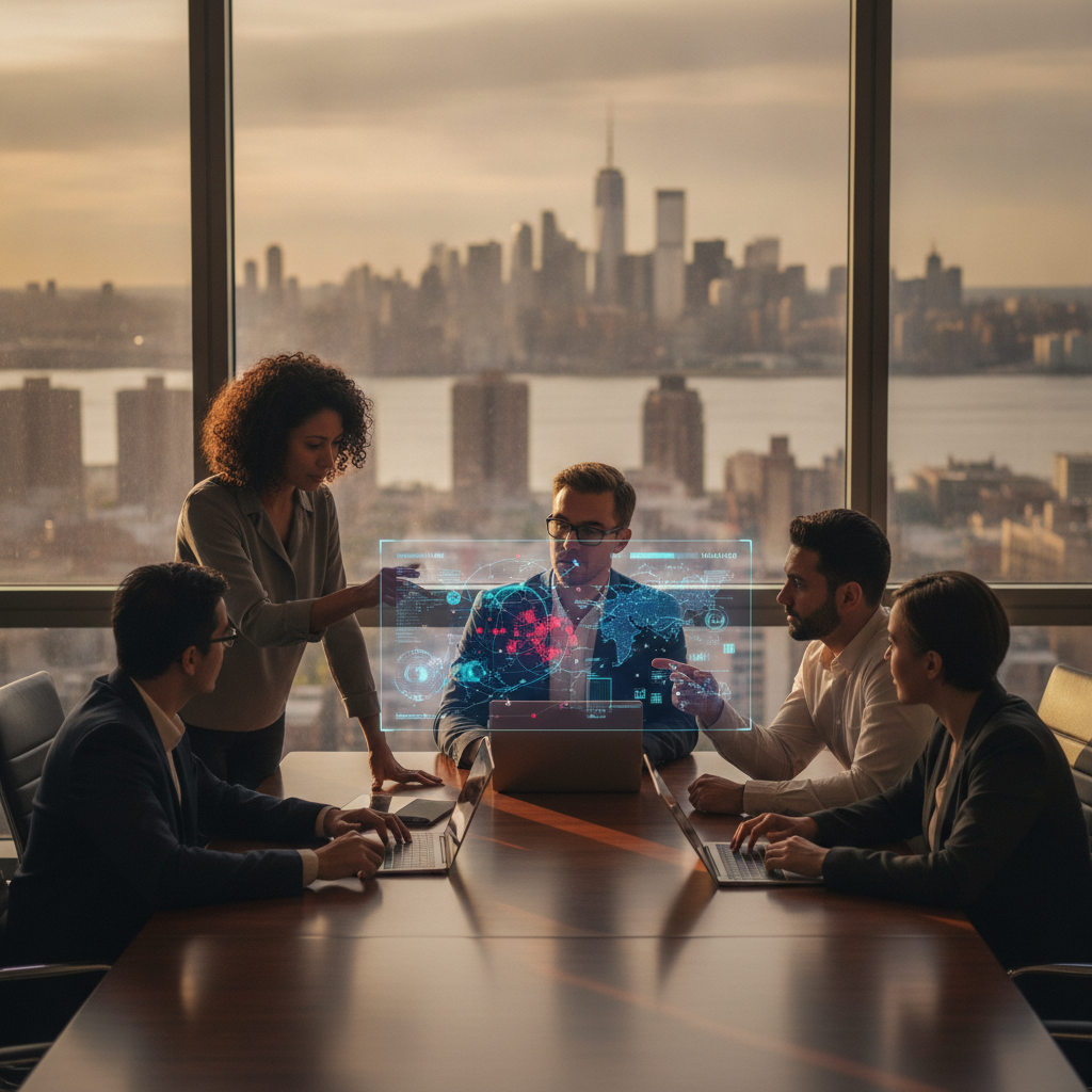 Security team consulting over abstract threat maps on laptop in conference room with NY skyline visible, planning endpoint