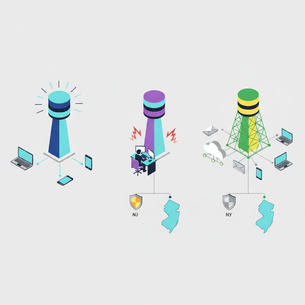 Isometric diagram showing three security towers linking endpoints, SOC analysts, and cloud telemetry with compliance shields