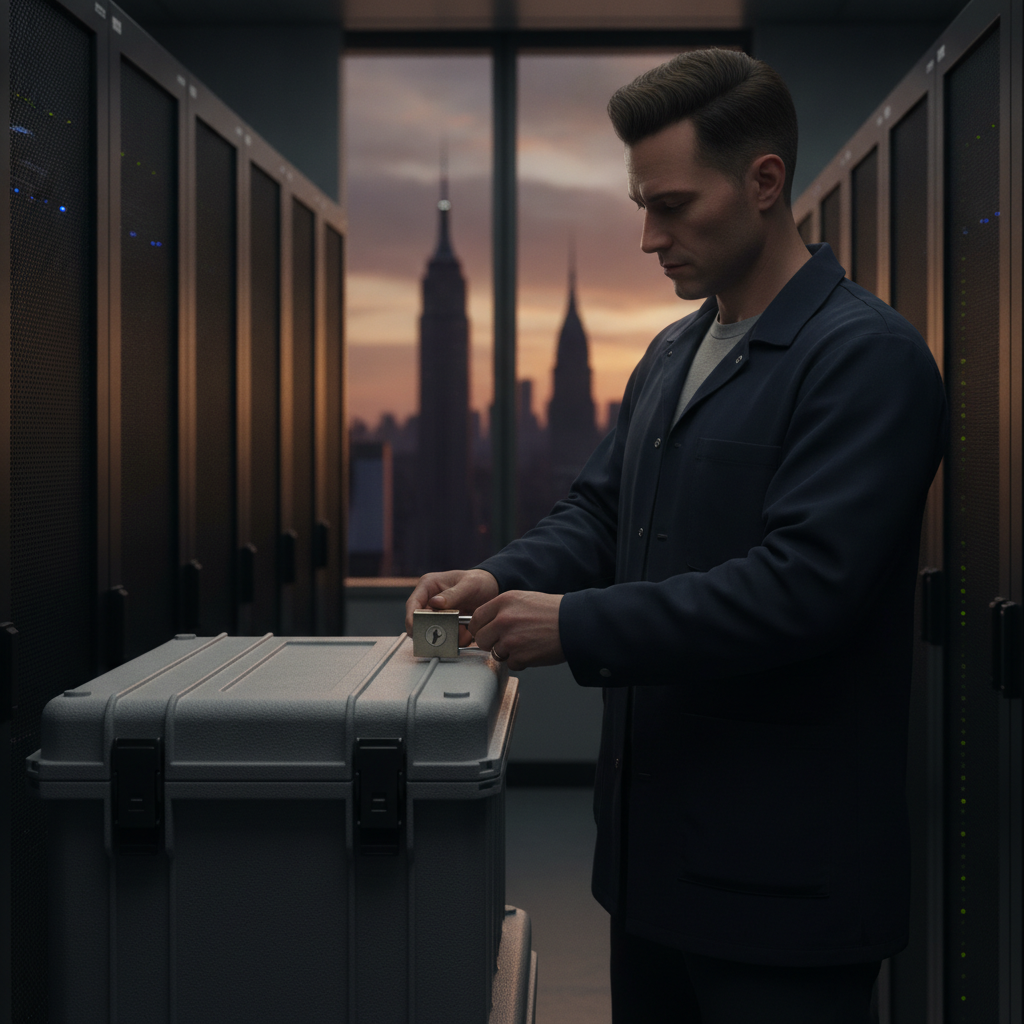 IT technician locks a rugged backup container in an offsite vault with server racks and NYC skyline in background