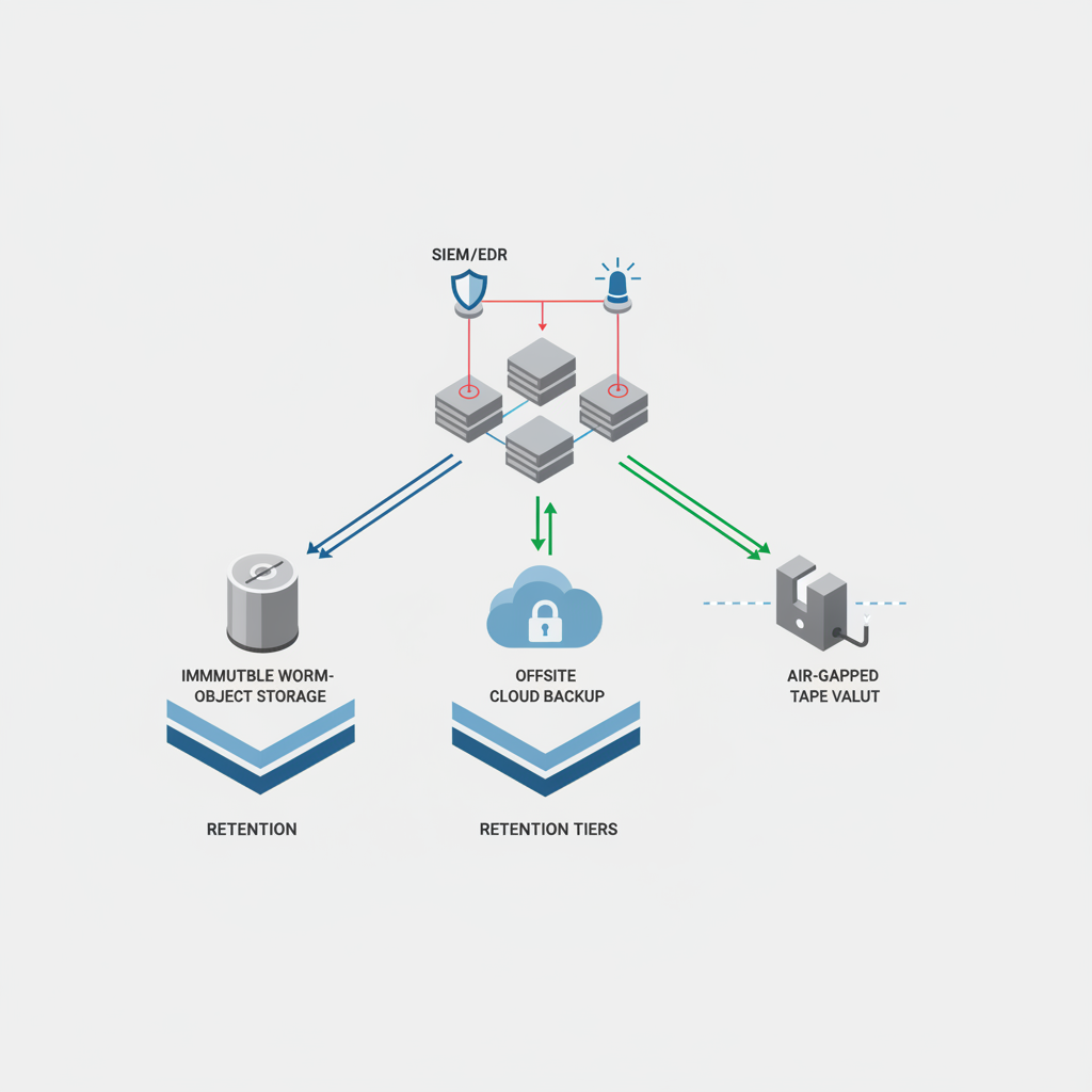 Isometric diagram of immutable storage, air-gapped tape vault, encrypted flows, cloud offsite backup and SIEM/EDR integration