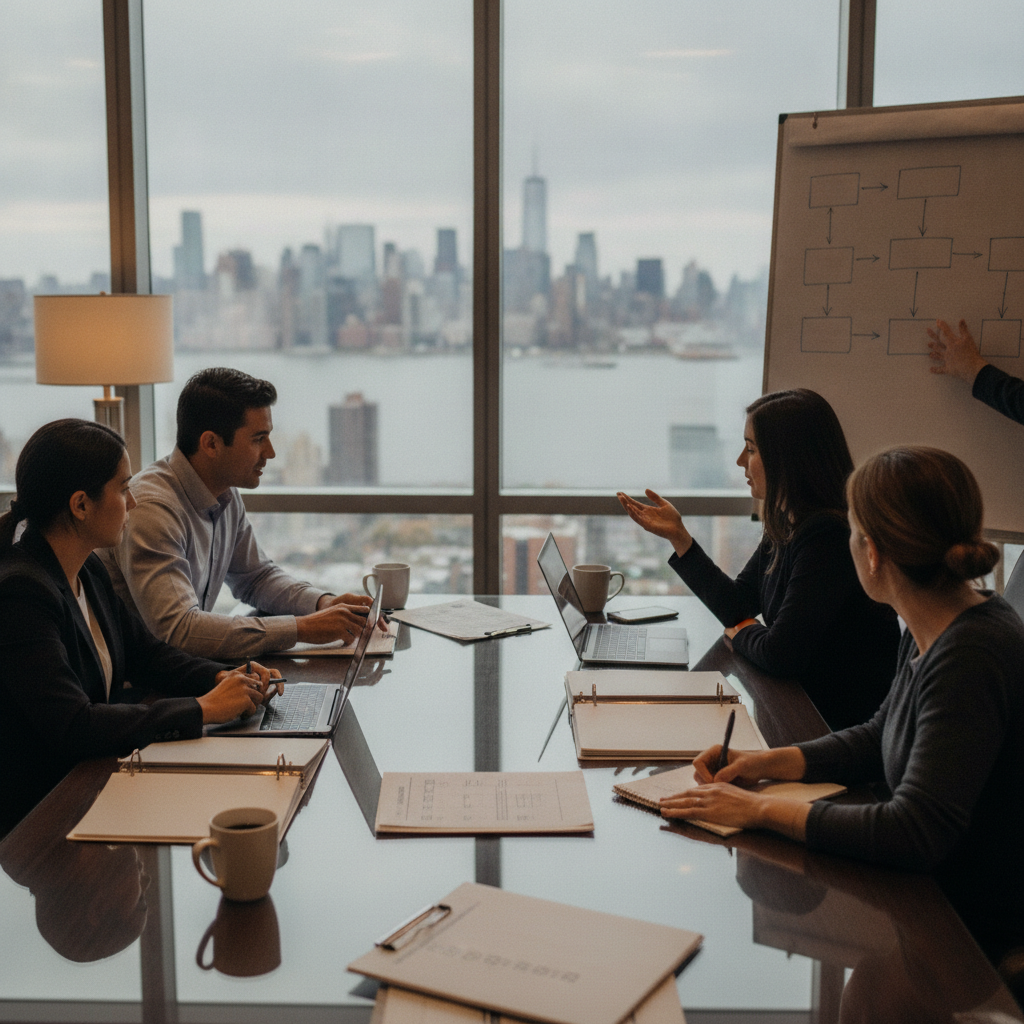 Cross-functional response team running a tabletop DR exercise in a conference room overlooking the Manhattan skyline.