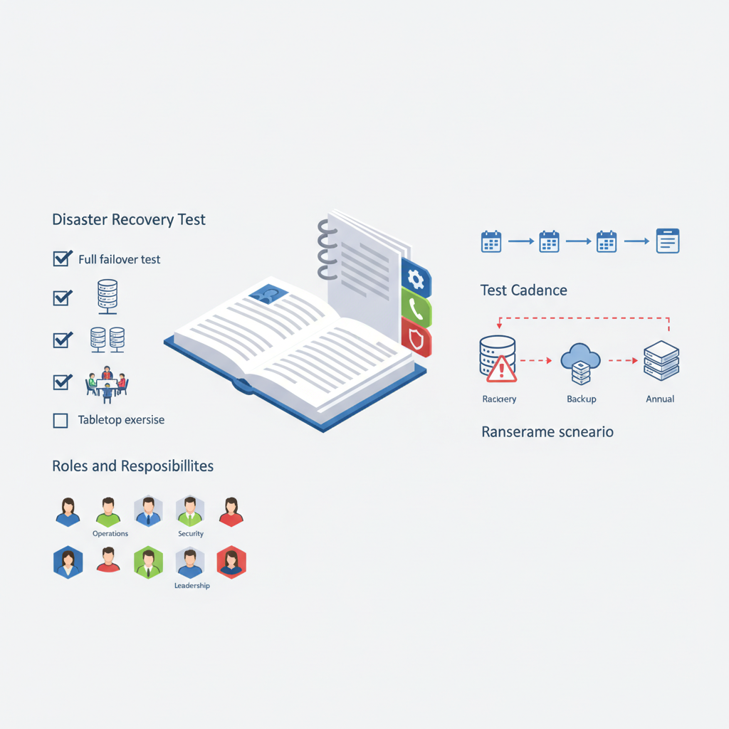 Isometric diagram of a runbook binder, DR test checklist, quarterly/annual cadence, ransomware icon and role avatars.