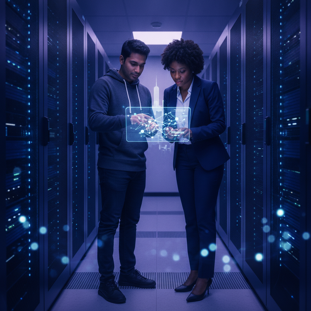 IT manager and compliance officer examine tablet with holographic NJ-NY network map in datacenter, showing backup readiness