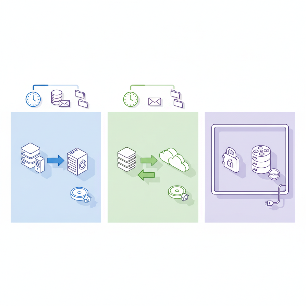 Isometric diagram of local, cloud, hybrid and air-gapped backups with locked immutable vault and arrows showing data flow