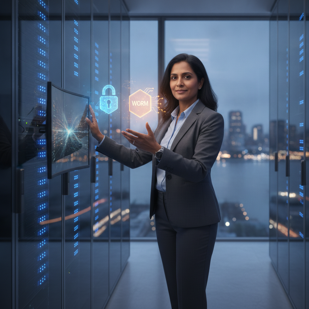 IT engineer gestures at a server rack and floating padlock hologram in a glass server room with distant city skyline
