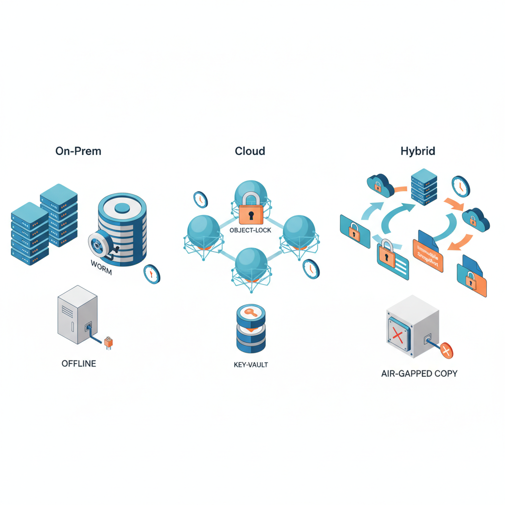 Isometric diagram of on-prem, cloud, and hybrid immutable backup architecture with WORM vaults and locked object storage