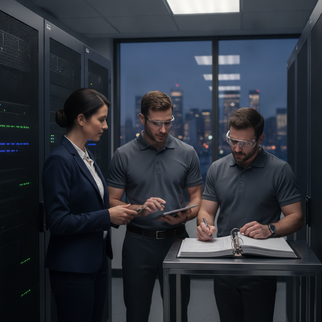 IT team reviewing backups beside server racks with tablet and evidence binder, city skyline visible through window