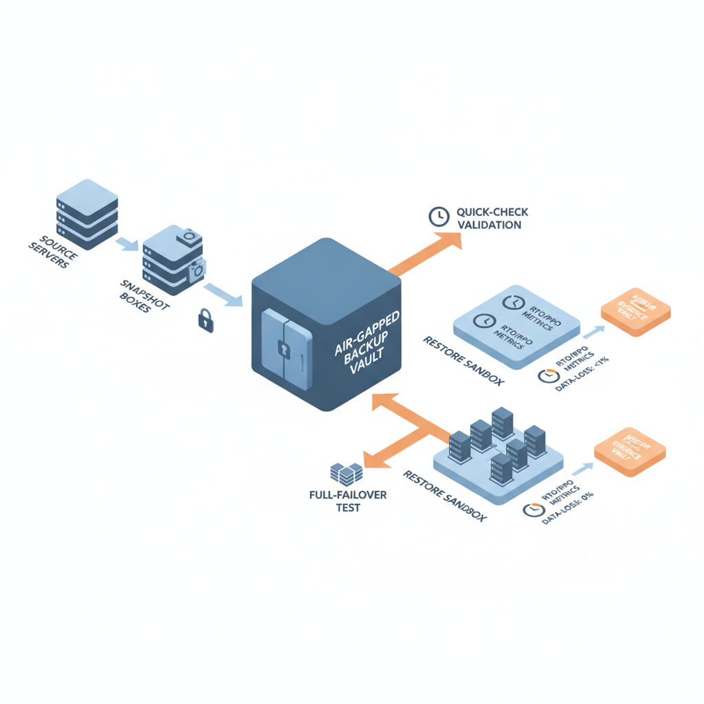 Isometric diagram illustrating backup lifecycle and restore-test flow with sandboxed restores and audit evidence vault