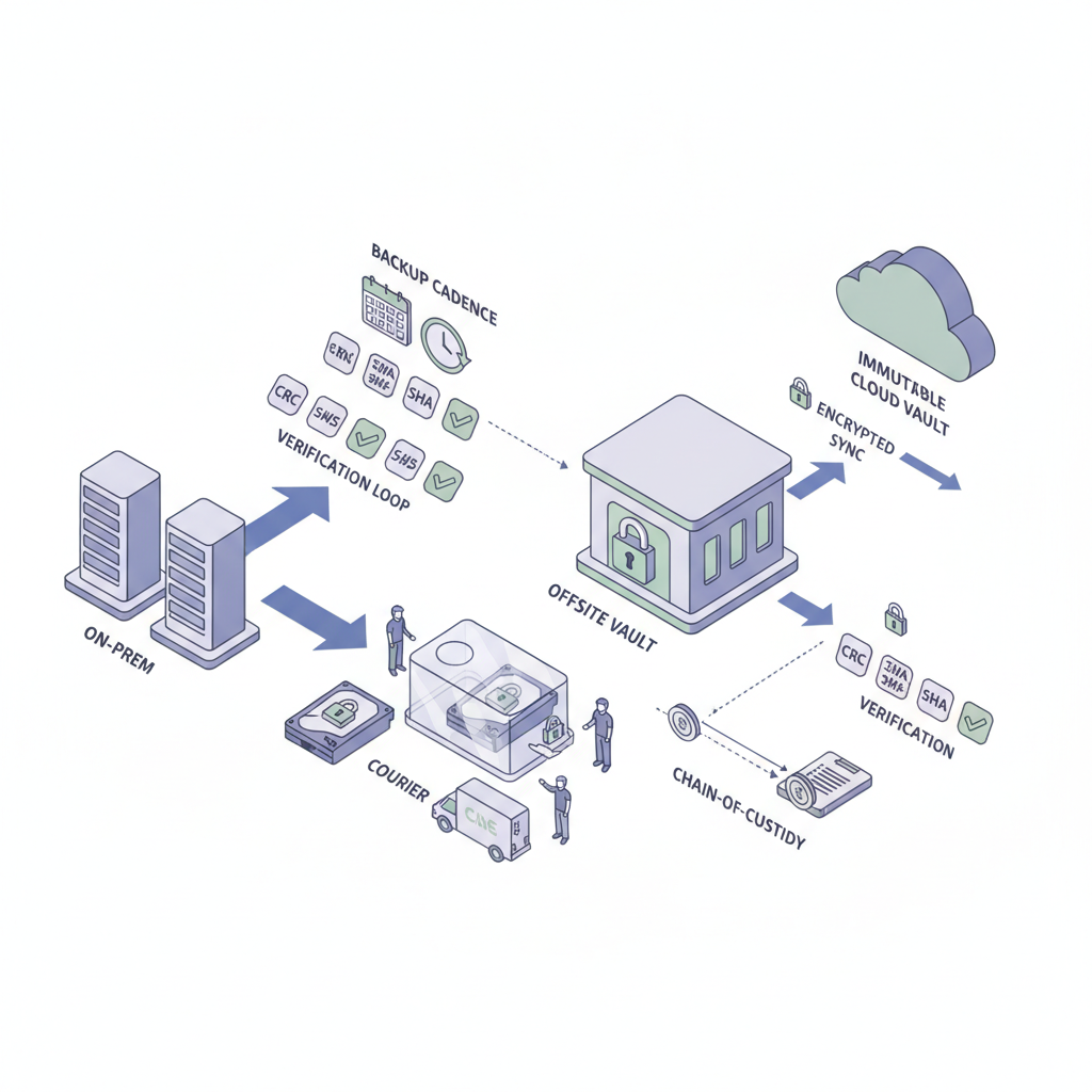 Isometric diagram of hybrid air-gapped backup flow: on-prem to removable media, courier to vault, isolated cloud vault