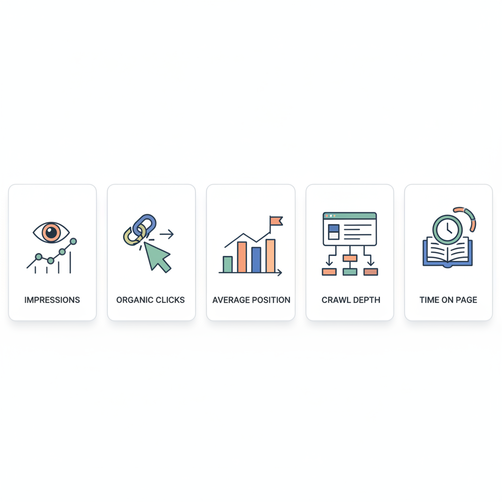 Key metrics to track (impressions, organic clicks, average position, crawl depth, time on page) illustration